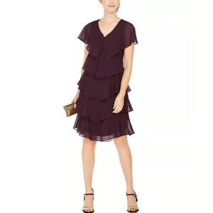 SLNY Womens Tiered Ruffle Midi Dress Size 4 Plum Flutter Sleeves Chiffon V-Neck